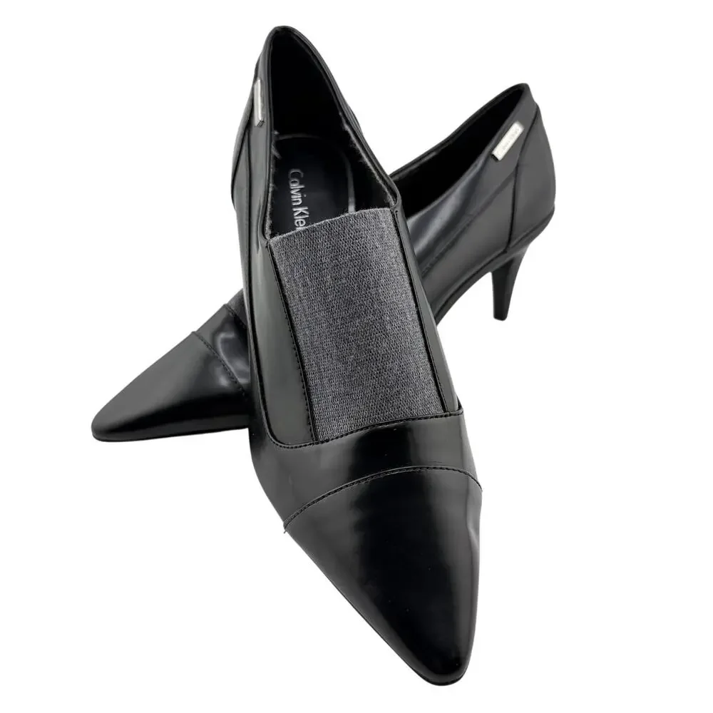 Calvin Klein Greta Modern Black Stretch Kitten Heel Pump Size 7 Ladies Shoe